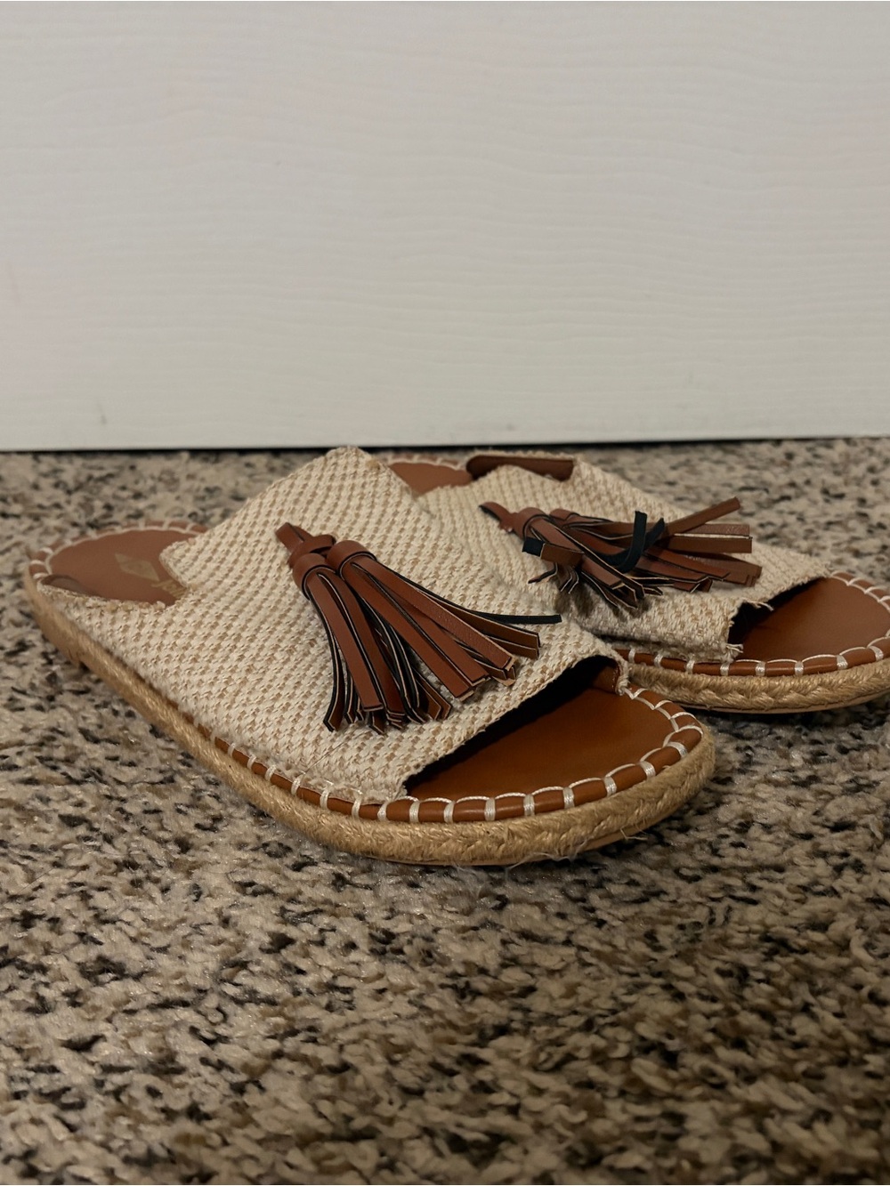 Jolie Beige Woven Tassel Slide Sandals with Brown Tassels